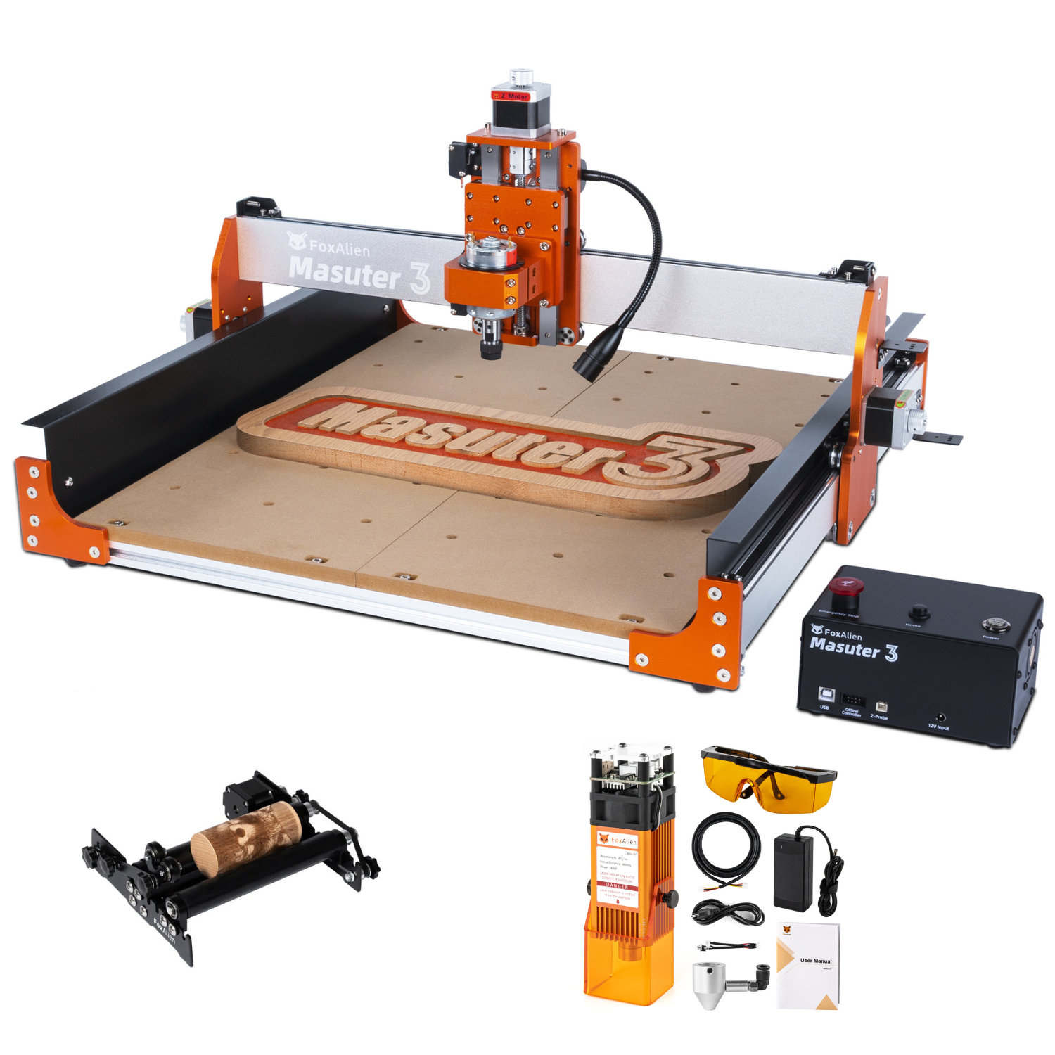 CNC Router Masuter 3 with 40W Laser and Black R42 Rotary Roller Kit CNC Router Masuter 3 with 40W Laser and Black R42 Rotary Roller Kit