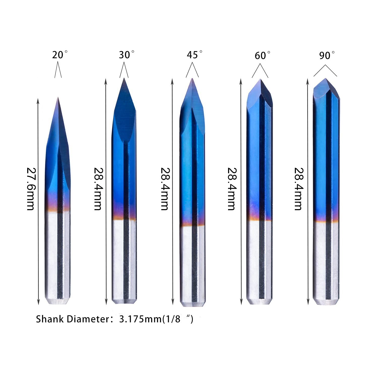 CNC Router Bits, Triangular Pyramid, 20/30/45/60/90 degree 0.1mm Tip, 10PCS