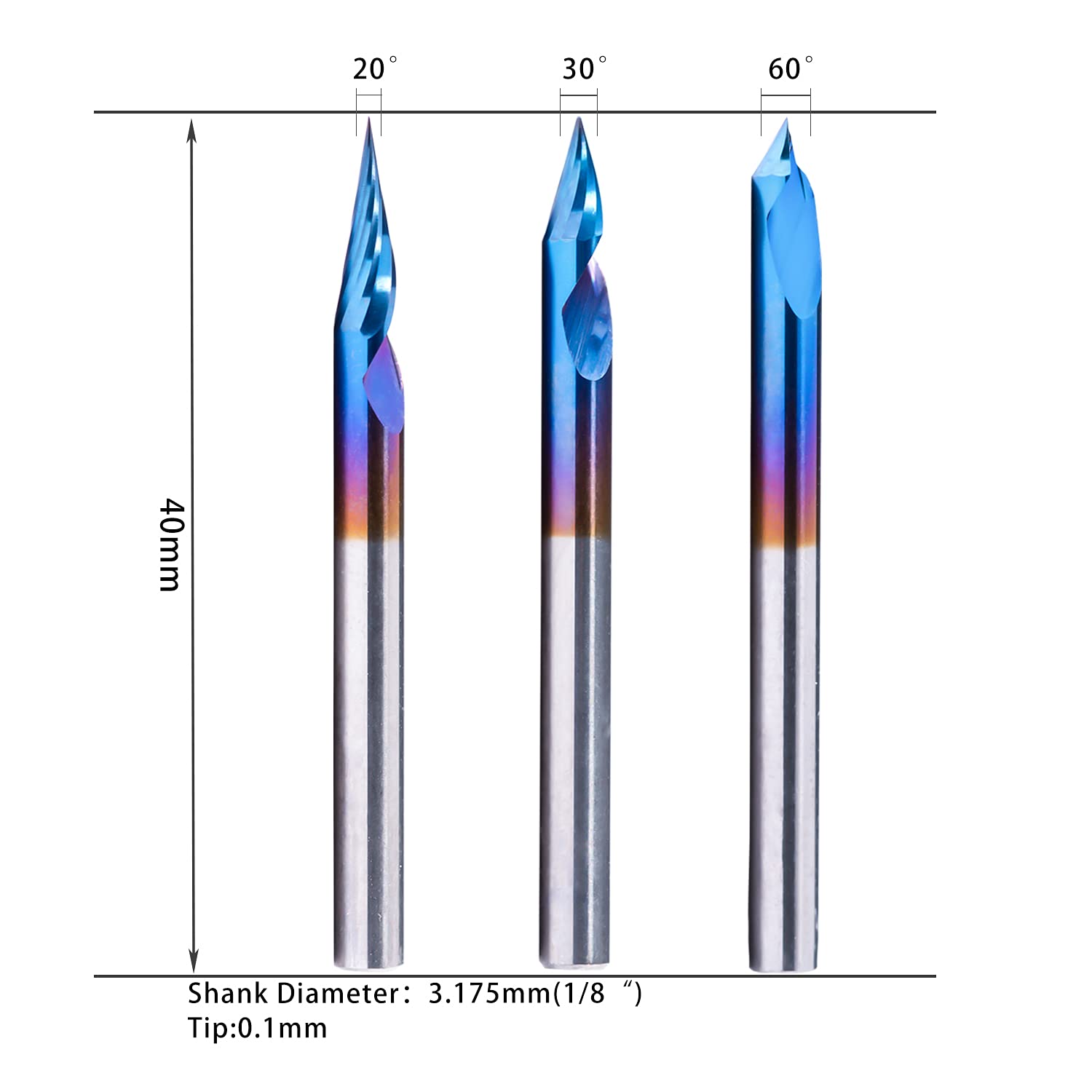 CNC Router Bits, 20/30/60 Deg, 2-Flute, Spiral V-Bit